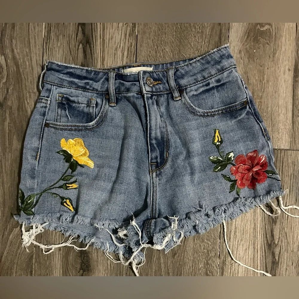 PacSun Blue and Yellow Jean Shorts with Distressed Details